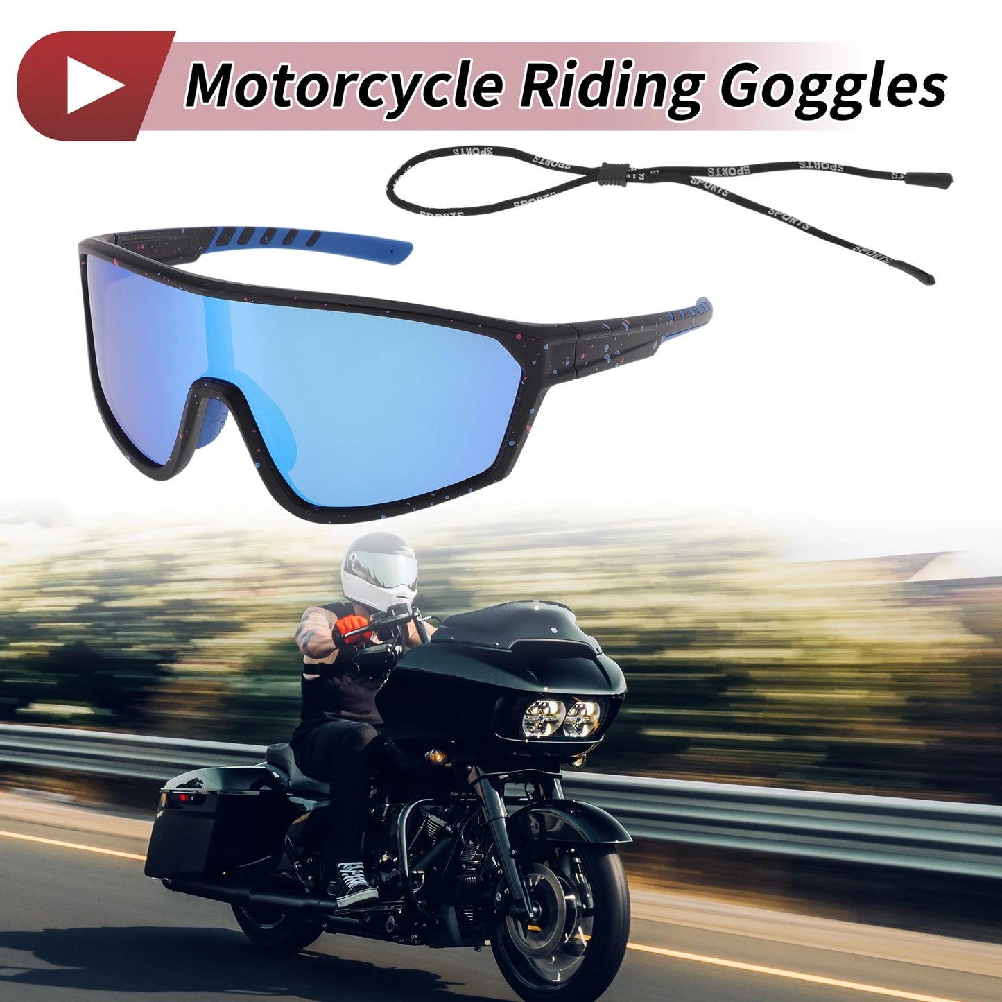 Goggles for Motorcycle Riding Blue Lens Black Frame UV400 PC