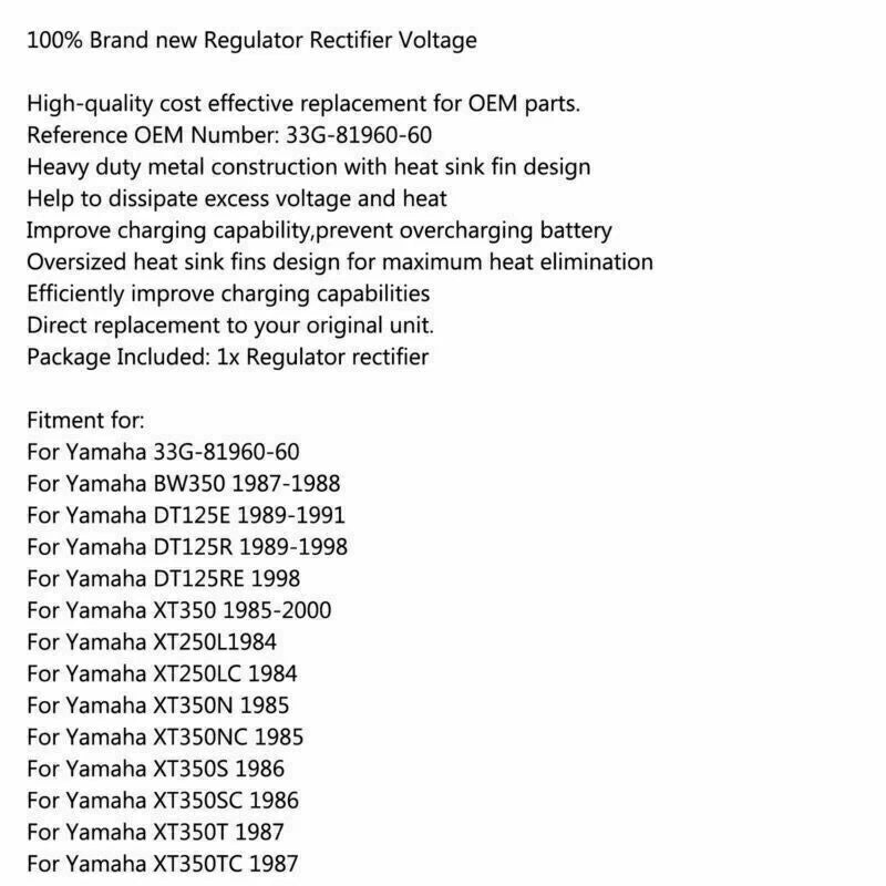 Voltage Regulator Rectifier for Yamaha BW350 DT125E DT125R XT350 (1985-1990)