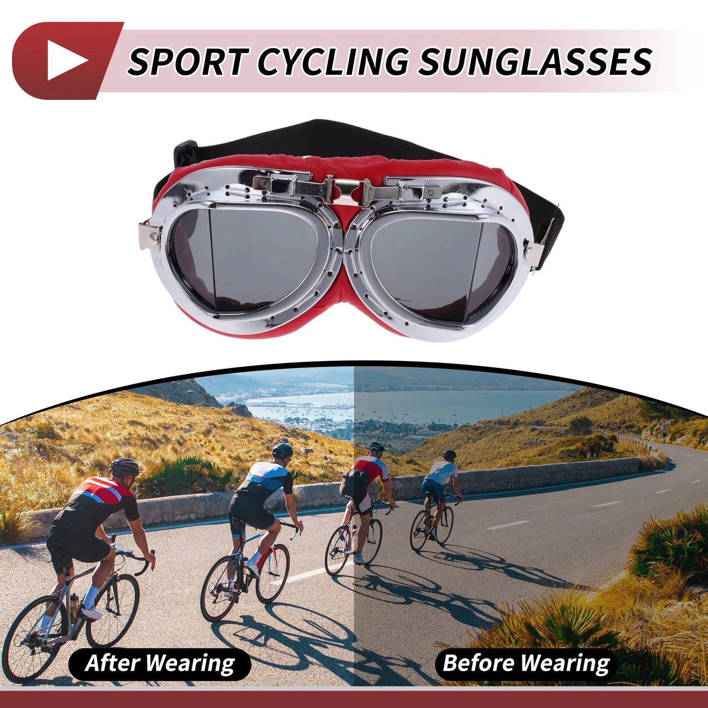 Set 1x Motorcycle Riding Goggles Dark Gray Lens Red Frame PC Cycling Sunglasses