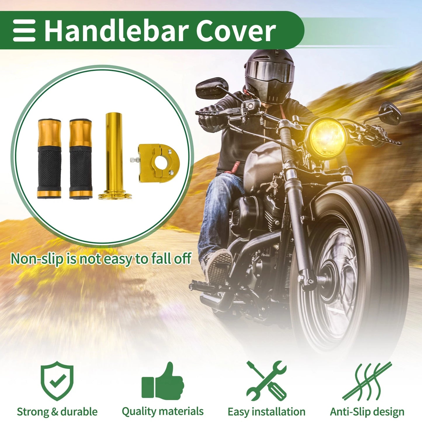 Motorcycle Hand Grips Cover Kit Handlebar End Grips Rubber Gold Tone 1 Set