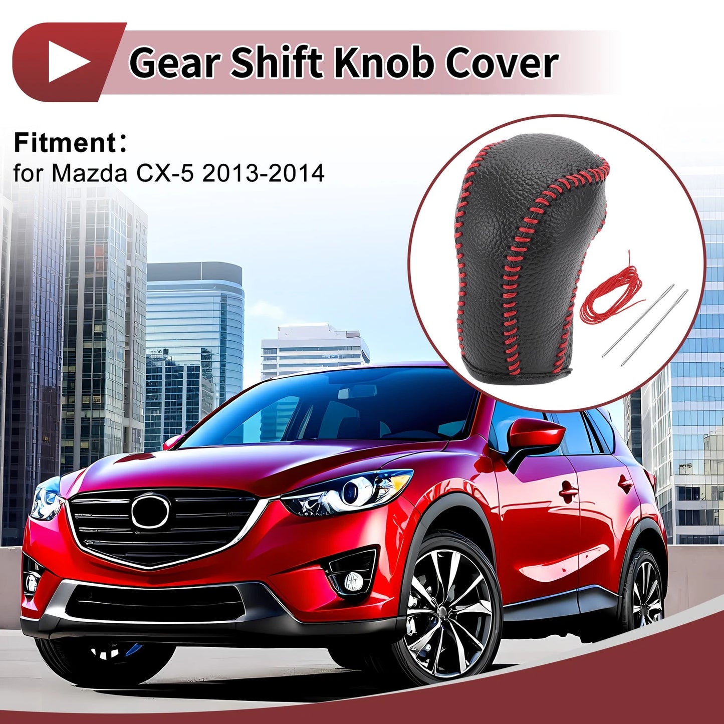 Car Gear Shift Knob Cover for Mazda CX-5 Black Red Faux Leather (2012-2023)
