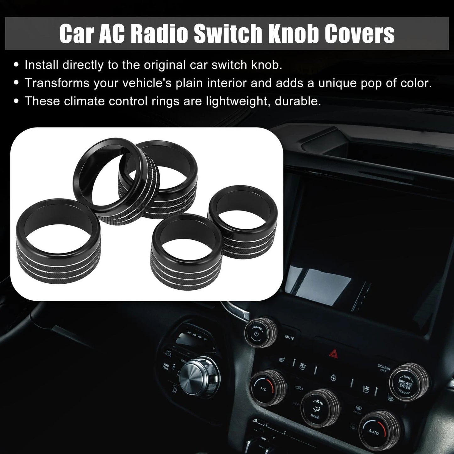 5pcs Black AC Radio Switch Knob Covers for Dodge Ram 1500 (2018-2020)