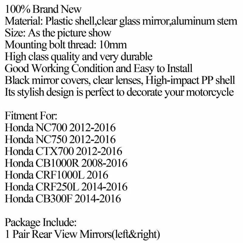 10mm Pair Rear View Mirrors for Honda NC700/NC750, CB1000R, CRF1000L (12-16)