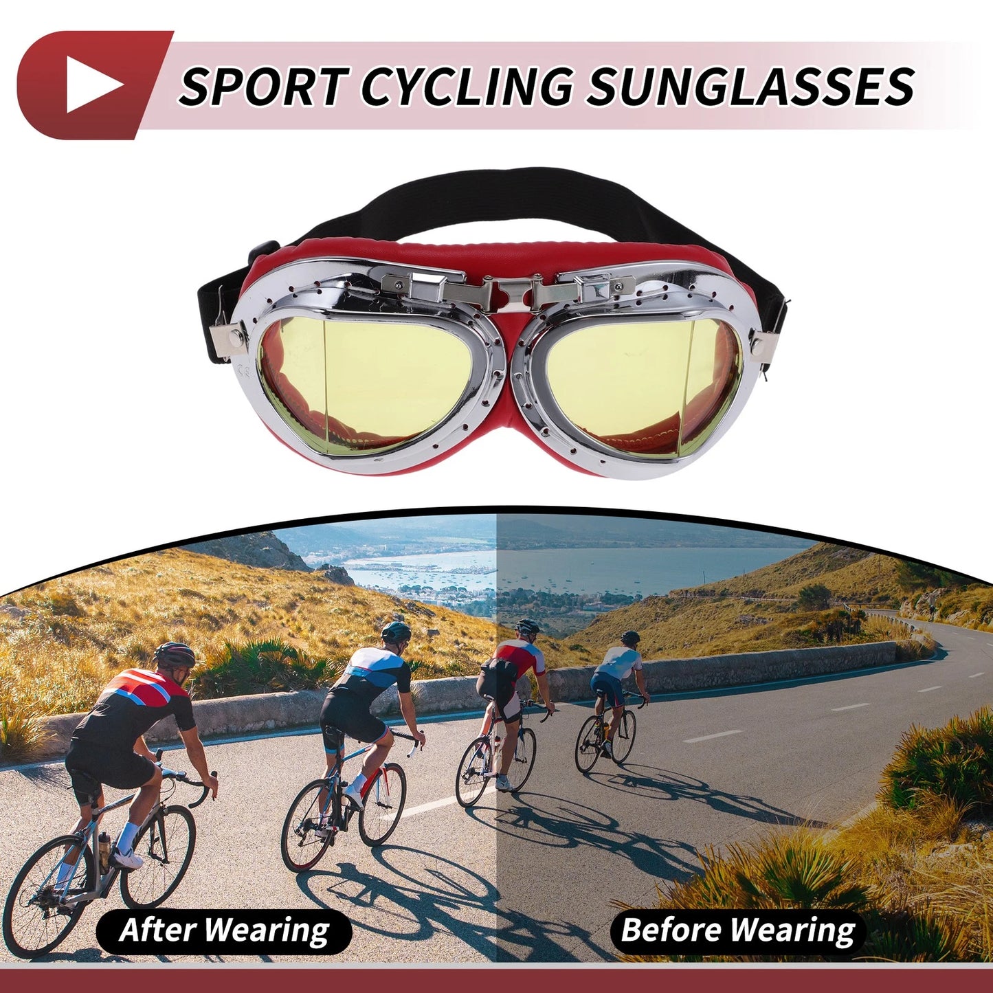 Motorcycle Riding Goggles Yellow Lens Red Frame PC Cycling Sunglasses