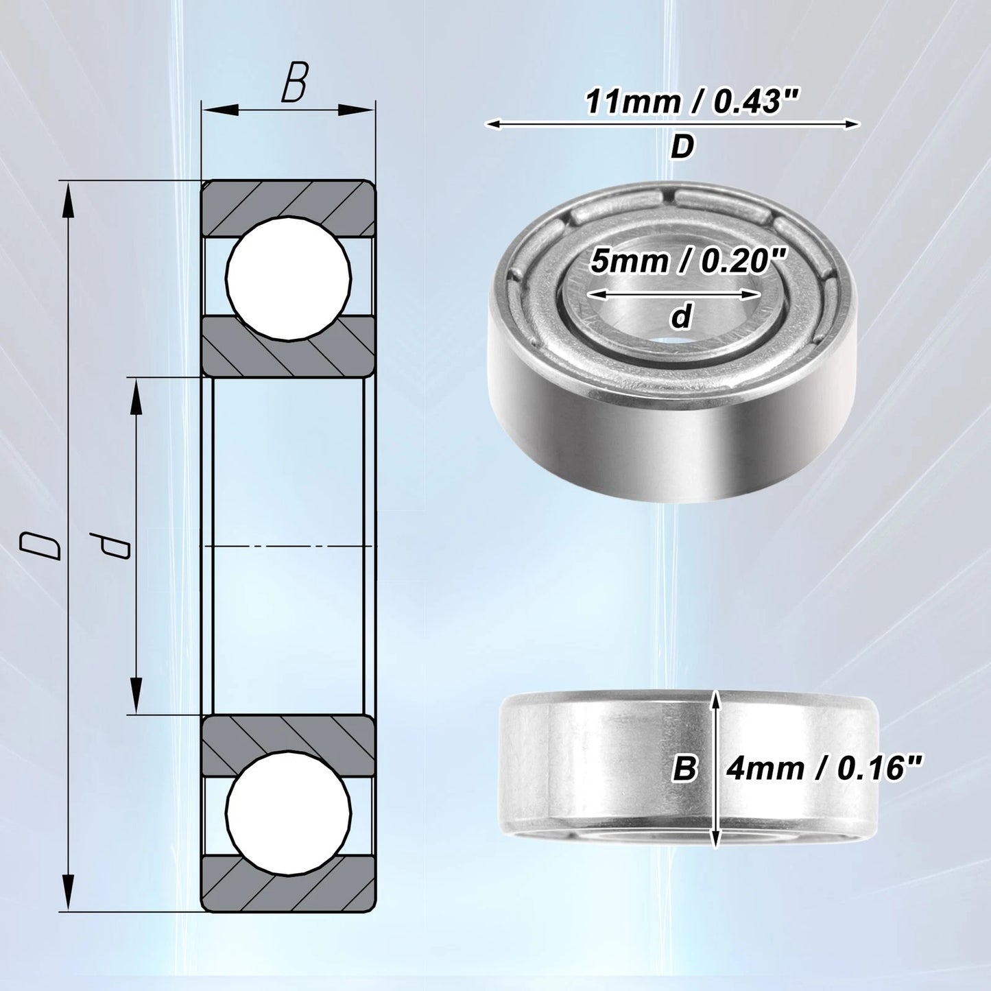 10x 5x11x4mm Double Metal Shield Deep Groove Ball Bearing for Car