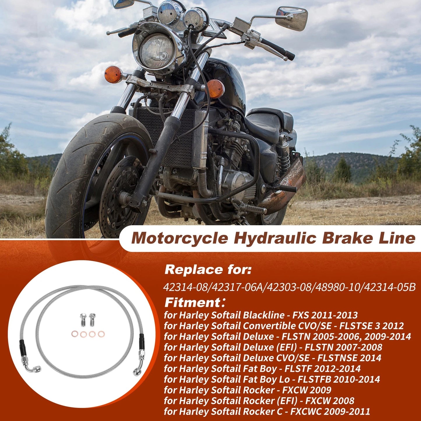 47In Hydraulic Front Brake Line Kit for Harley Softail Silver Tone