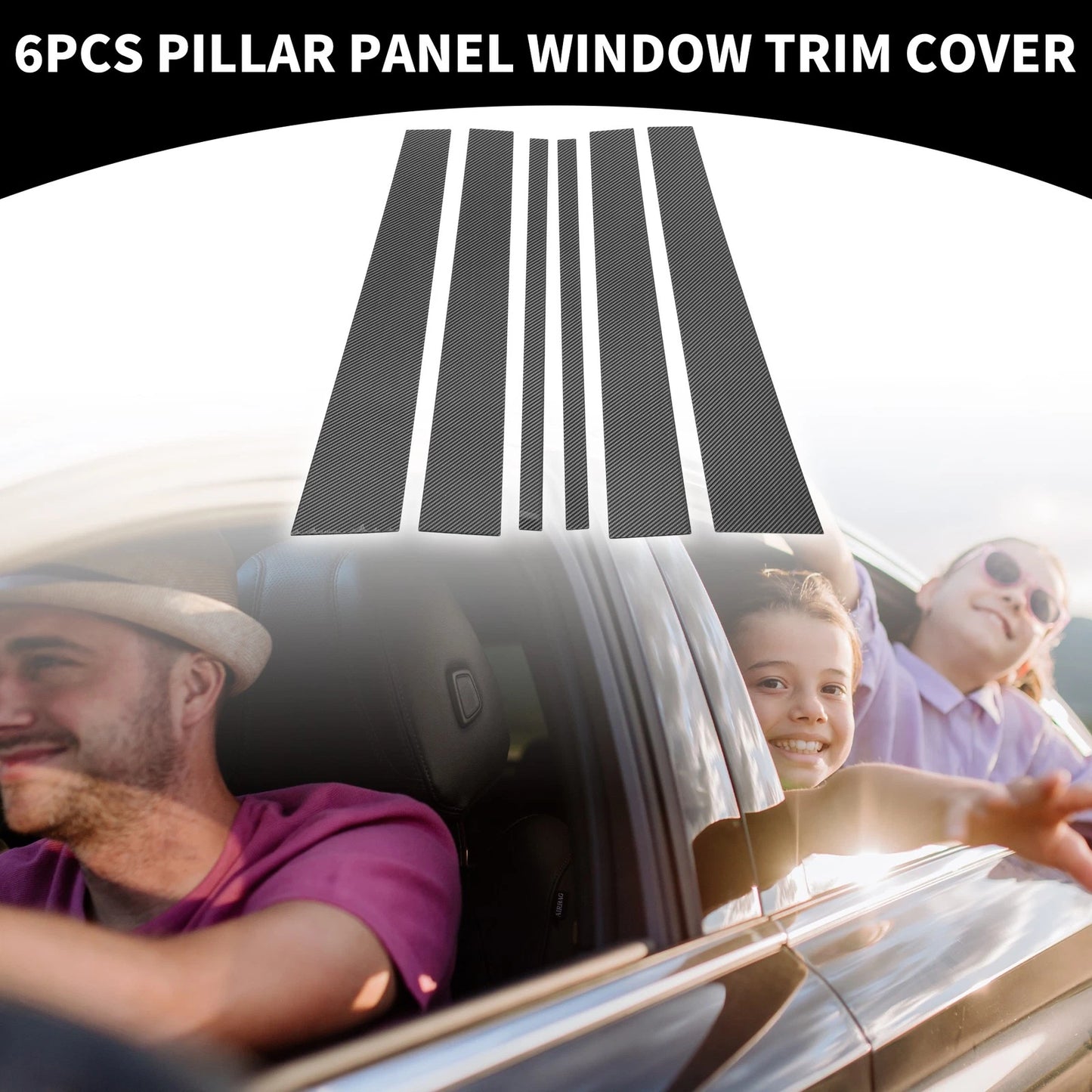 6 Pcs Black Carbon Fiber Car Pillar Window Trim Cover for Ford Expedition (1997-2016)