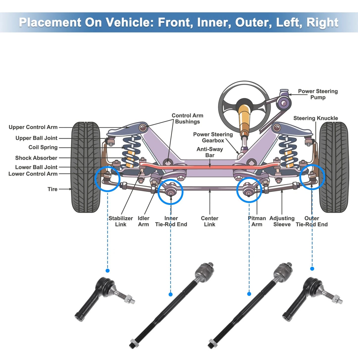 4 x Front Inner Outer Tie Rod End Links for Ford Explorer (2002-2010)
