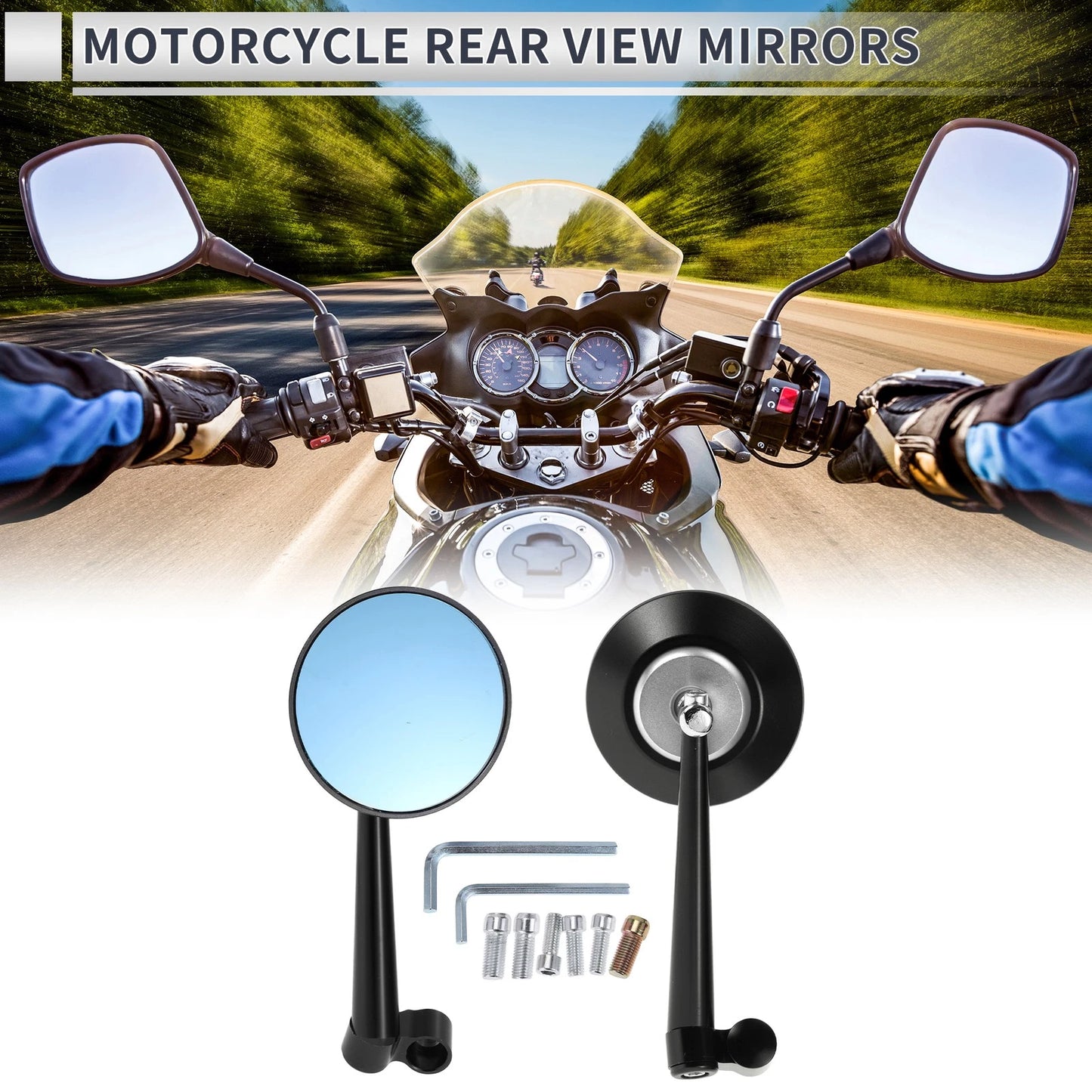 2 x M8/M10 Rear View Mirrors for Motorcycles Silver Tone Aluminum Alloy