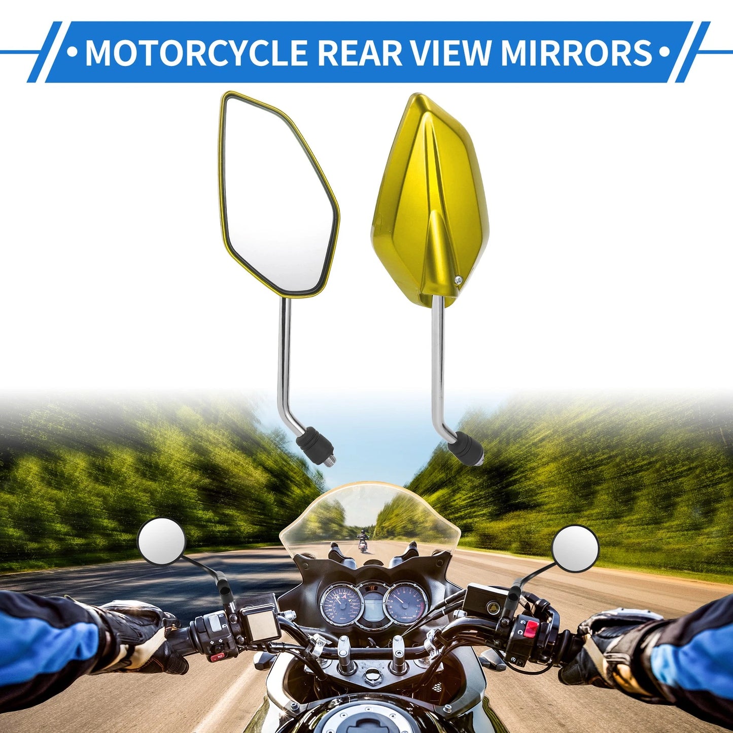 M10 / Motorcycle Rear View Mirrors / Prismatic Shape Mirrors Gold Tone