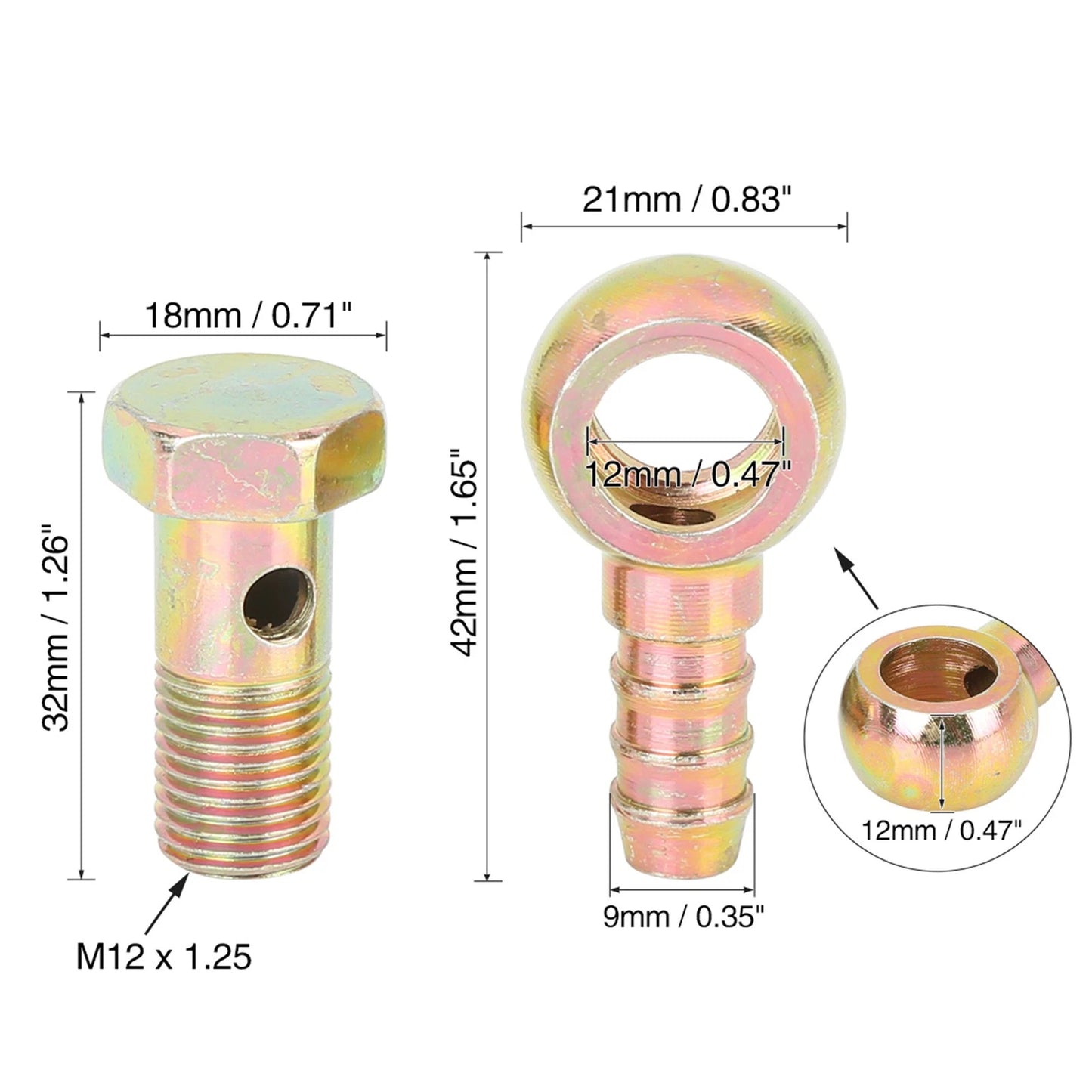 12mm Banjo Hose Barb Bolt Fittings Bronze Tone Metal 2 x for Motorcycle Car