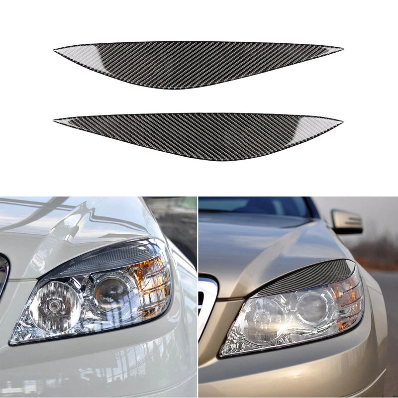Carbon Fiber Headlight Sticker Eyelid Cover Eyebrows fits Benz C Class 2007-2011
