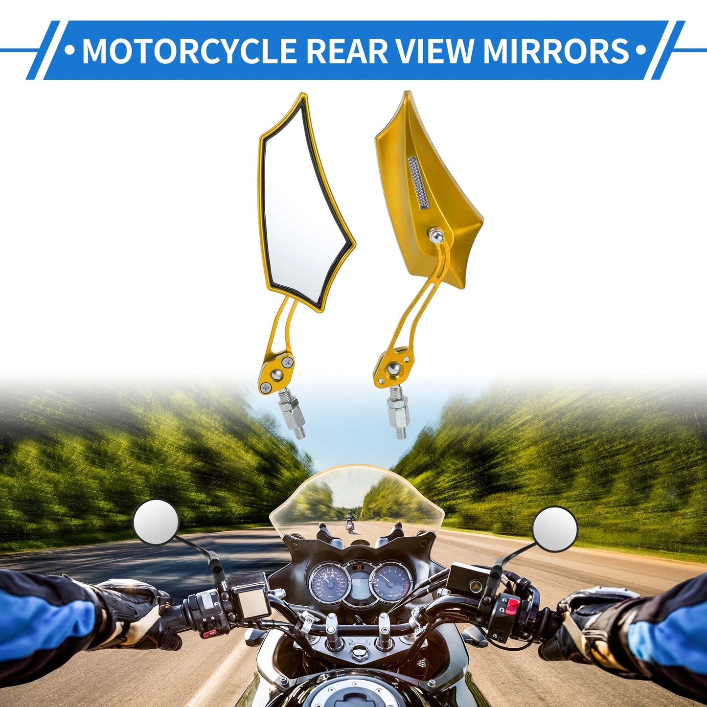M10 M8 Motorcycle Rear View Mirrors Prismatic Shape Handlebar Mirrors Gold Tone