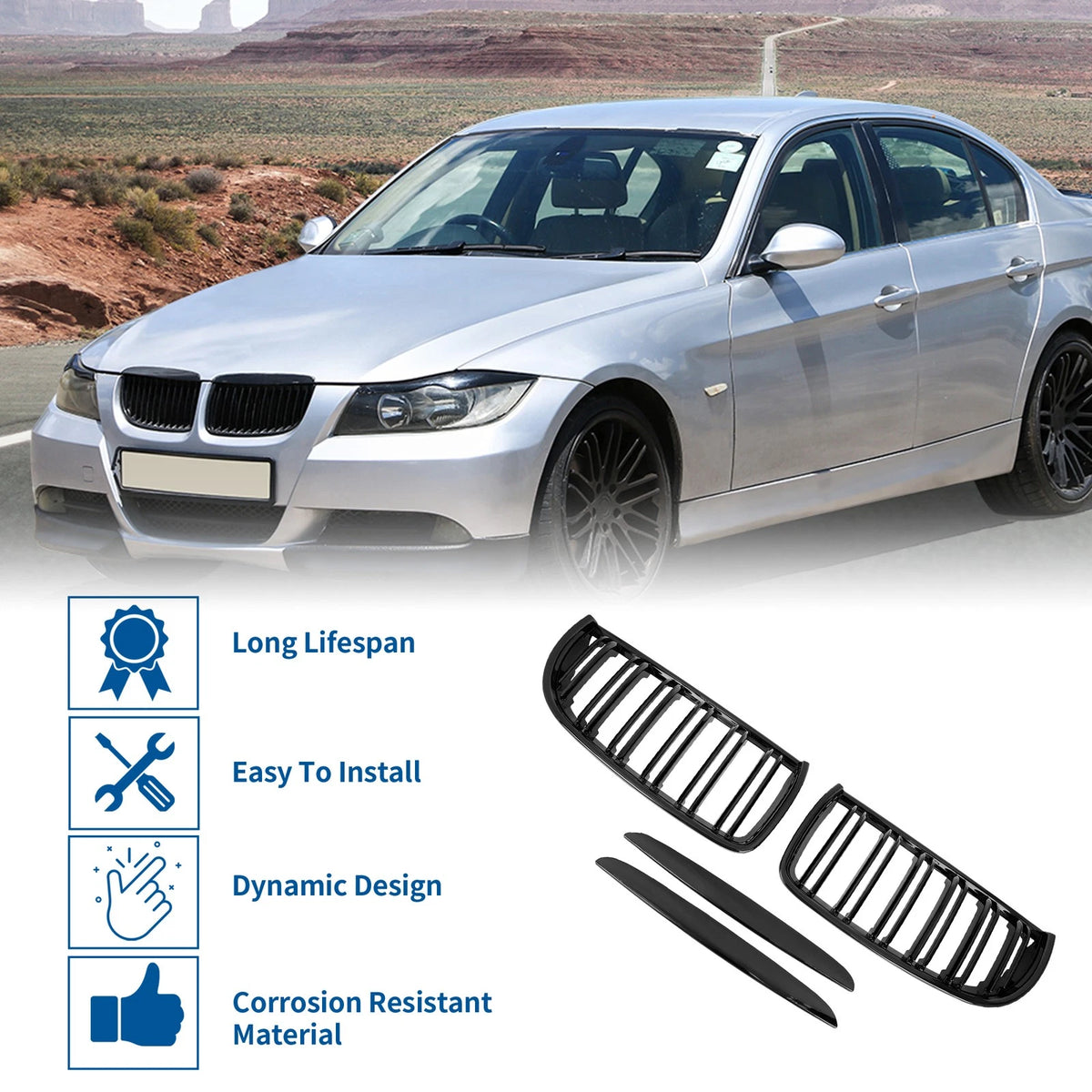 Gloss Black Front Kidney Grille for BMW E90 2005-2008 4 Door (2005-2008)