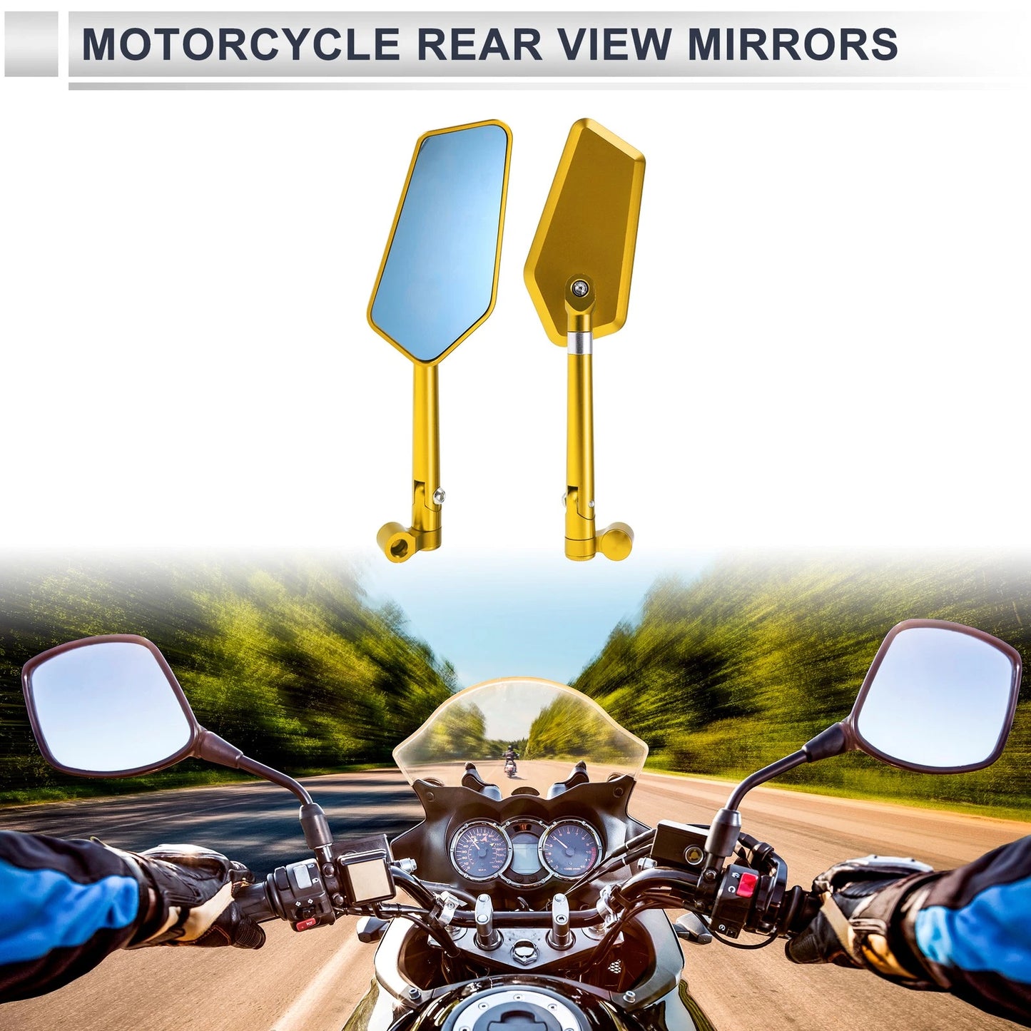 M8/M10 Rear View Mirrors for Motorcycle Gold Tone Aluminum Alloy