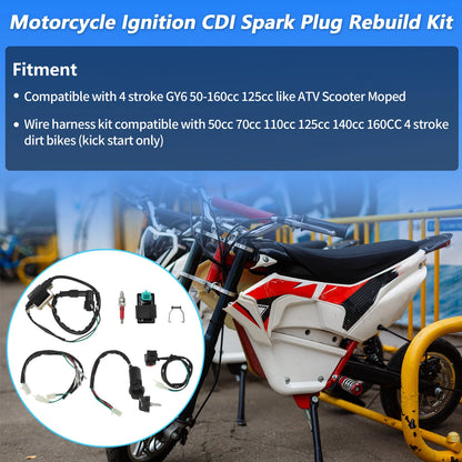 Ignition Wire Harness Key Switch Ignition Coil CDI Spark Plug for Motorcycle