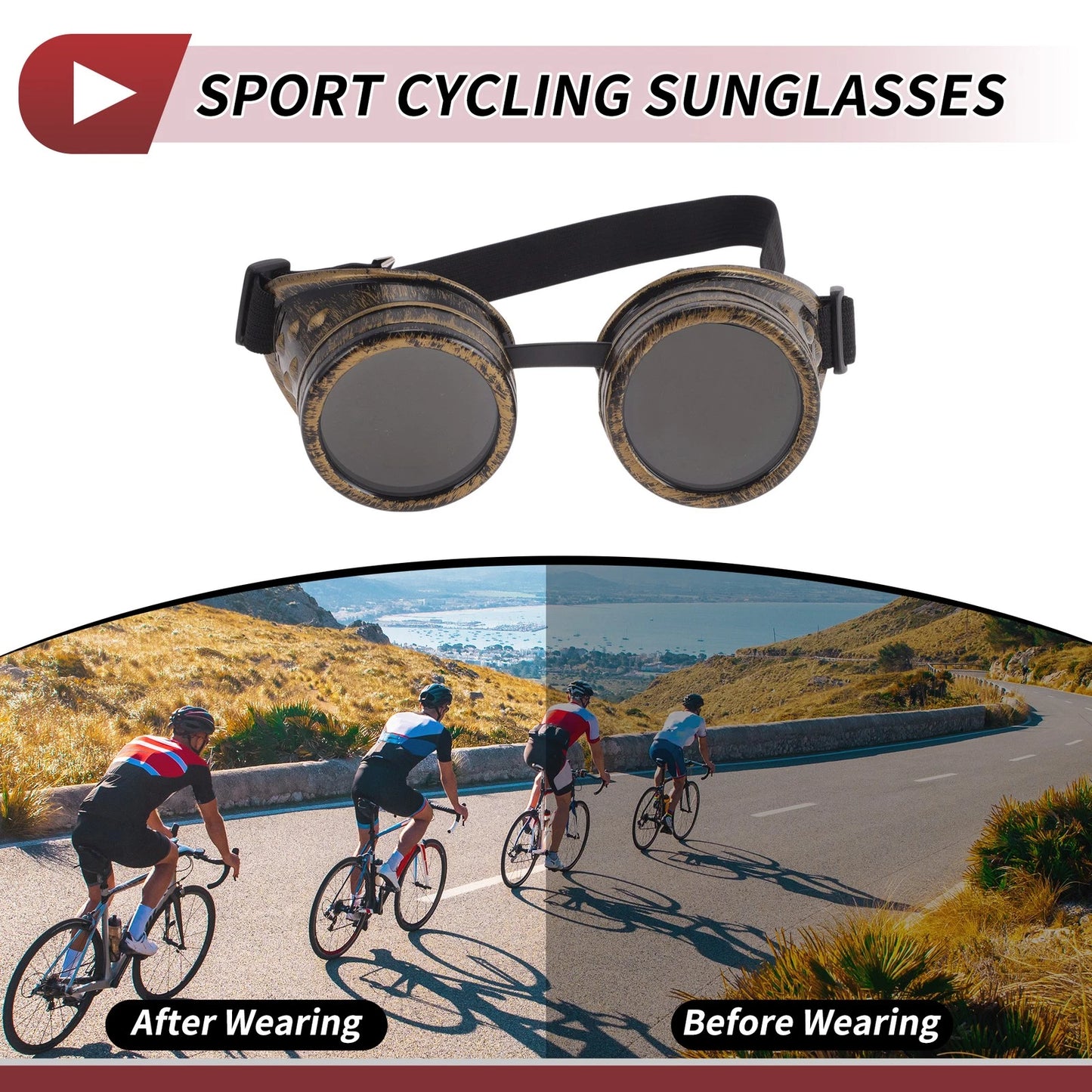 1 x Riding Goggles Black Lens Bronze Tone Frame Glass ABS for Motorcycle