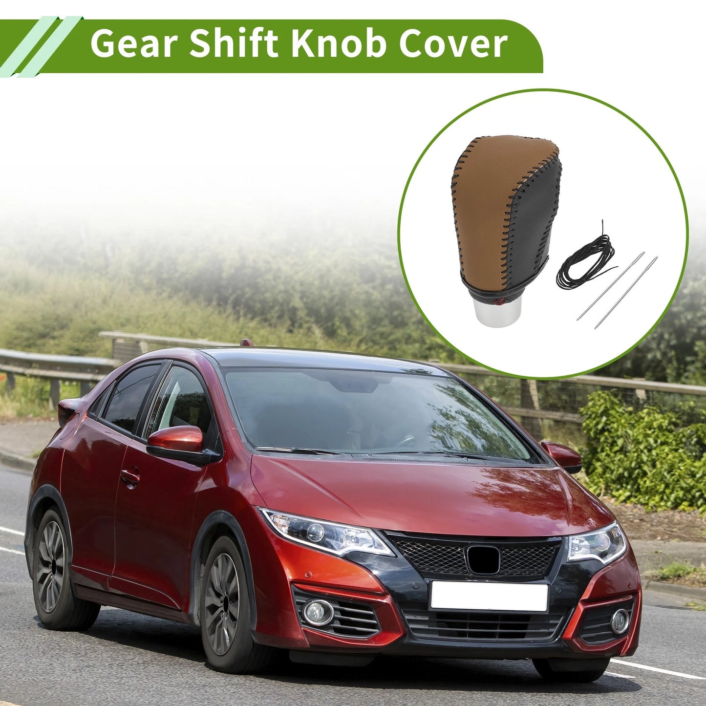 Car Gear Shift Knob Cover for Honda Civic (2016-2021) - Brown Black Faux Leather