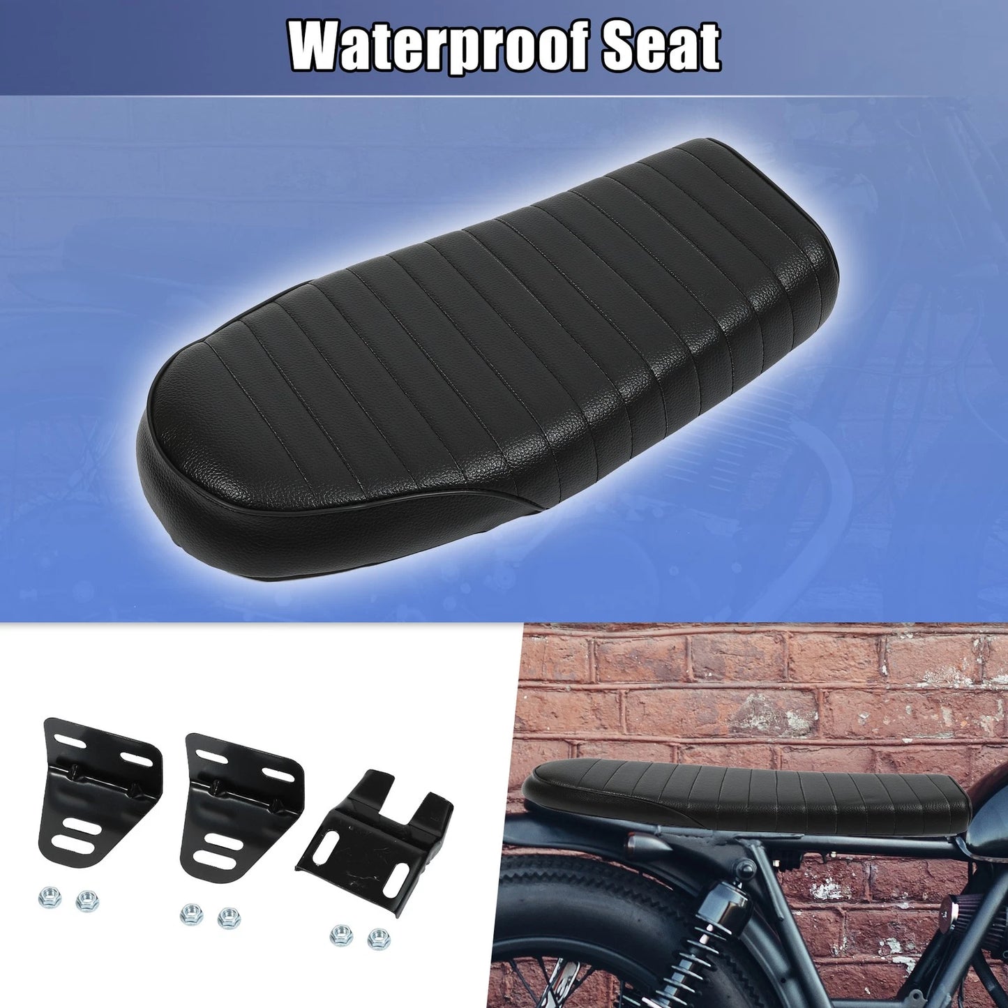 Set Seat for Motor Bike Vintage Flat Cafe Racer Retro Cushion PU Leather Black