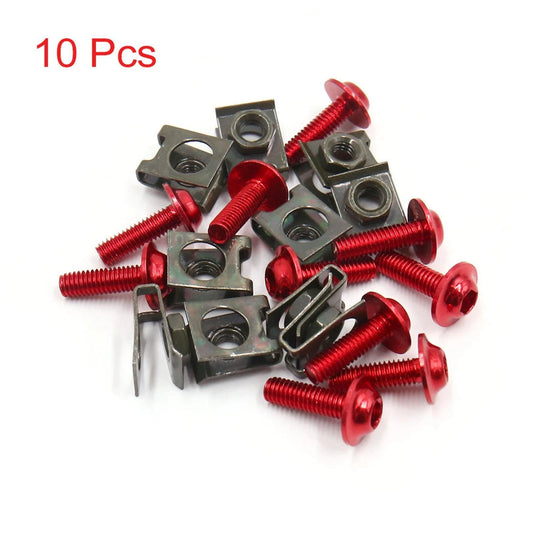 10pcs Metal U-Type M6 Motorcycle Fairing Fasteners Clips w Red Bolts Screws