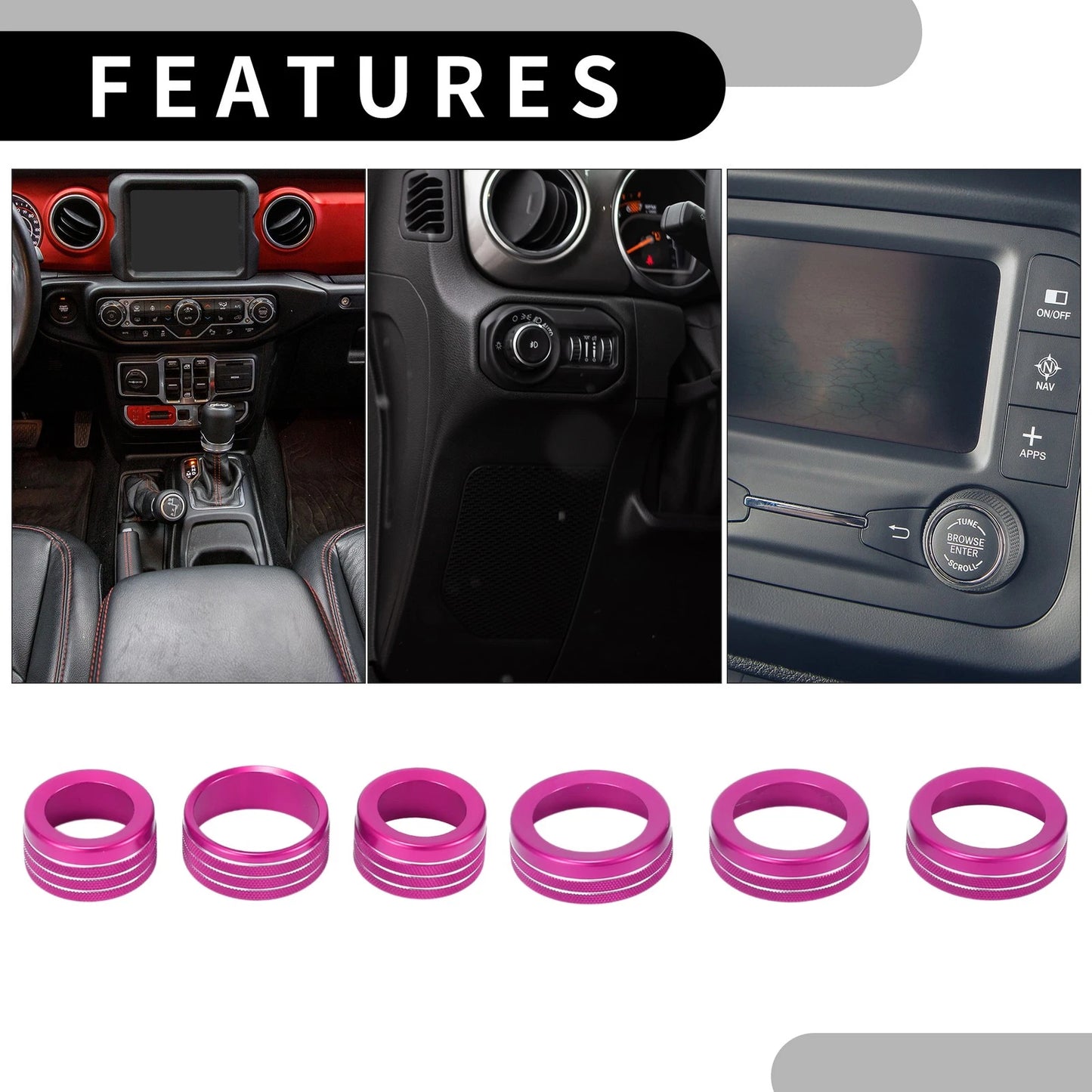 6 x Pink Headlight Media Switch Knob Cover Rings for Jeep Wrangler (2018-2023)