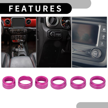 6 x Pink Headlight Media Switch Knob Cover Rings for Jeep Wrangler (2018-2023)