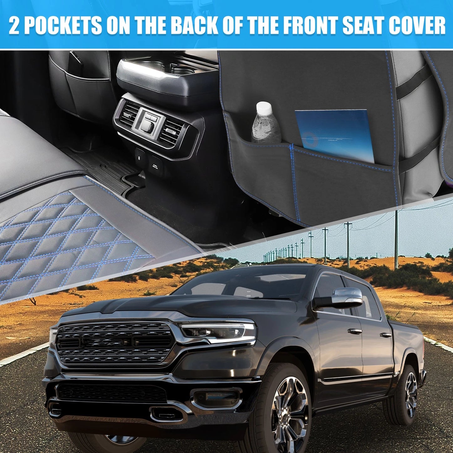 Seat Covers Cushion Cover for Dodge Ram (2009-2023)  Black Blue