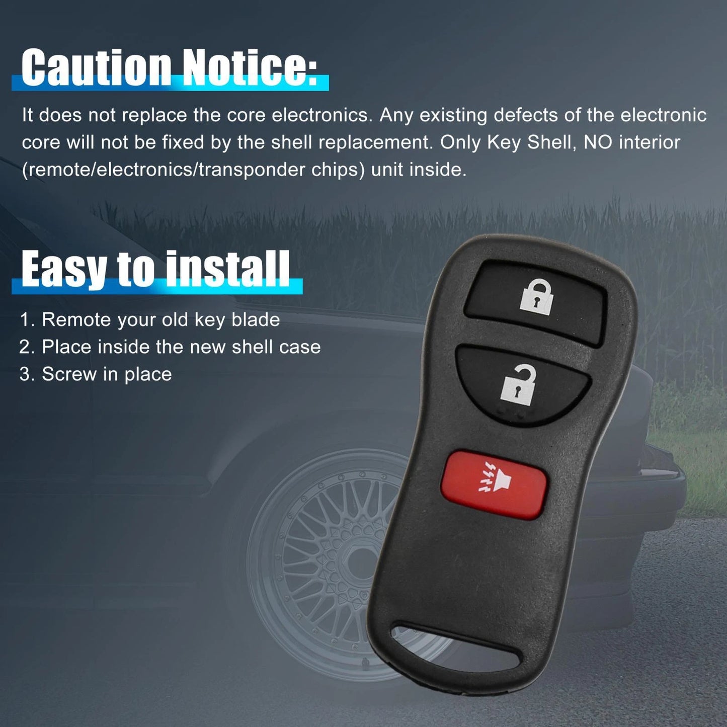 Key Fob Shell Case for Nissan Xterra 2005-2015 3 Button Black