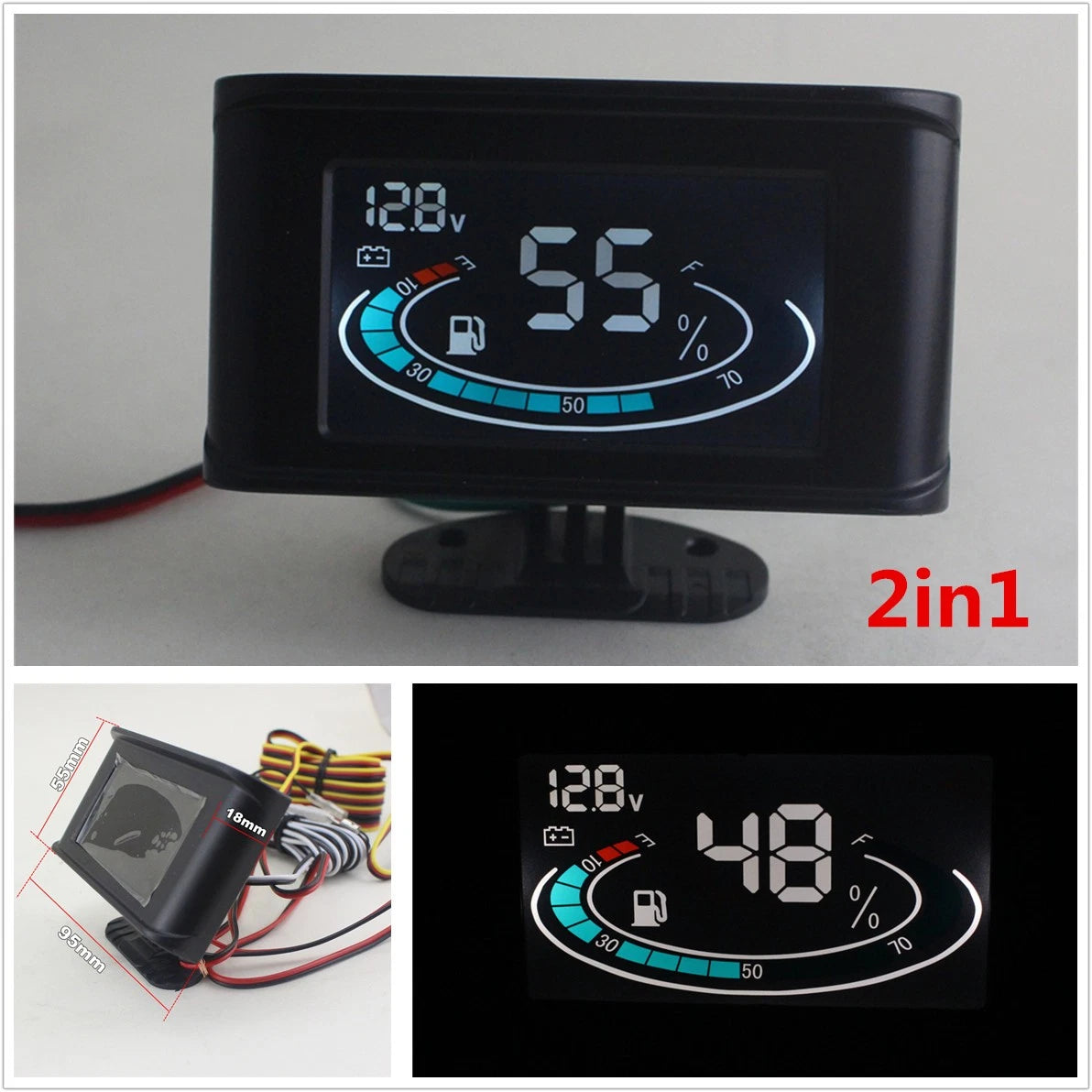 12V/24V Universal Fuel Level Gauge Meter & Digital Voltmeter for Car/Truck