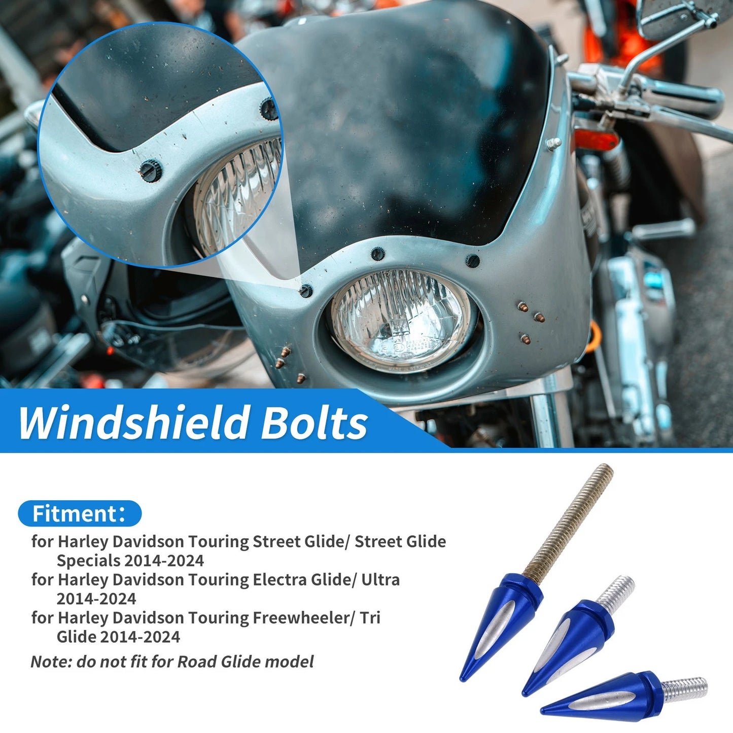 2 x Windshield Bolts for Harley Davidson Touring Street Glide Blue