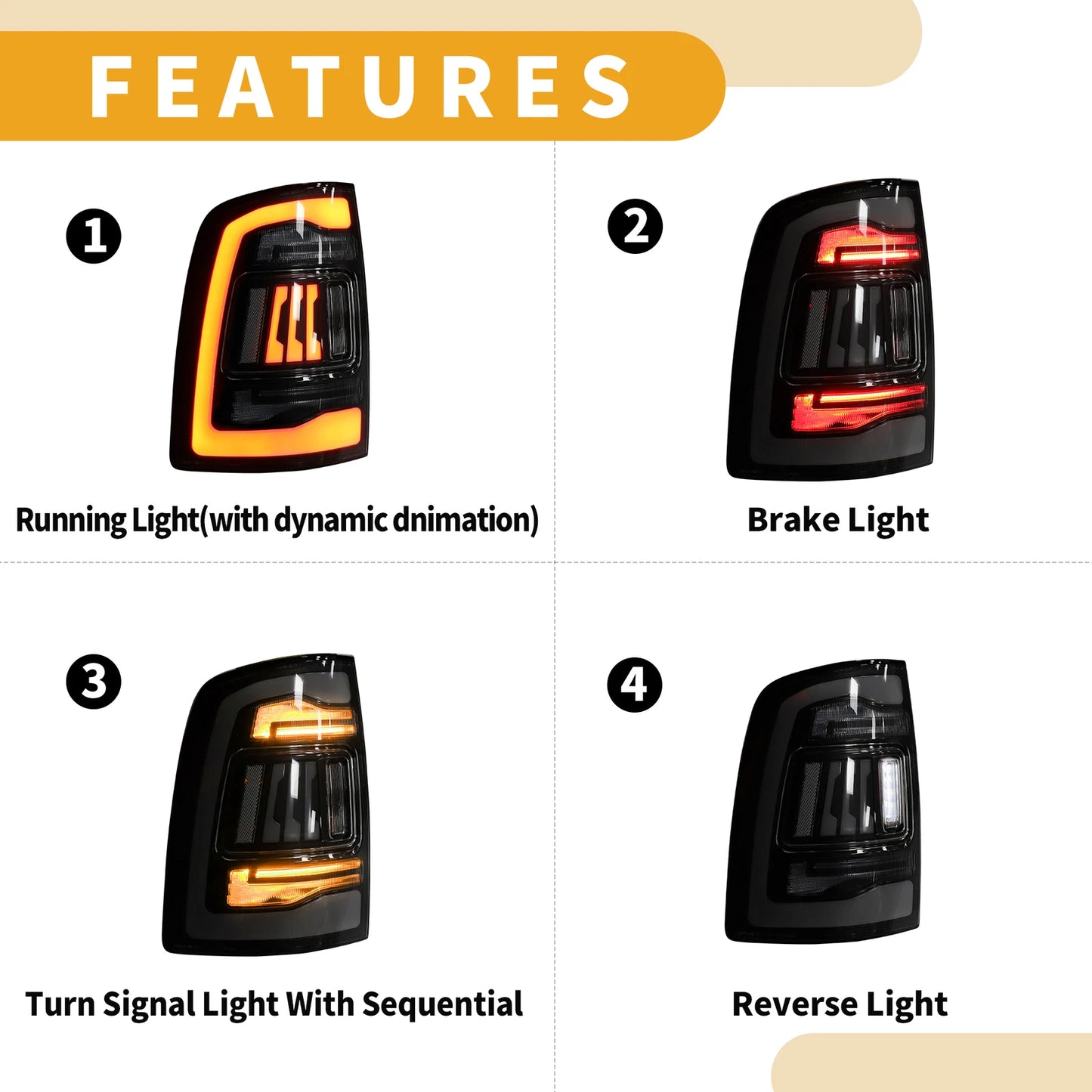 1 Pair OLED Tail Lights Assembly for Dodge Ram 1500-2500-3500 (2009-2018)