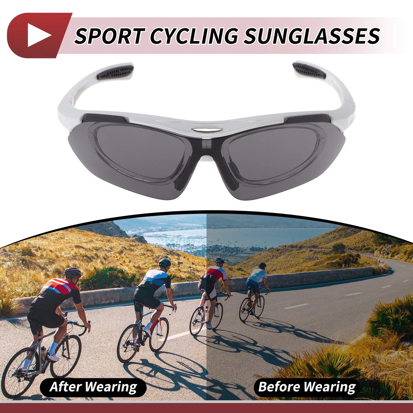 Set Motorcycle Riding Goggles Dark Gray Lens White Frame PC Cycling Sunglasses