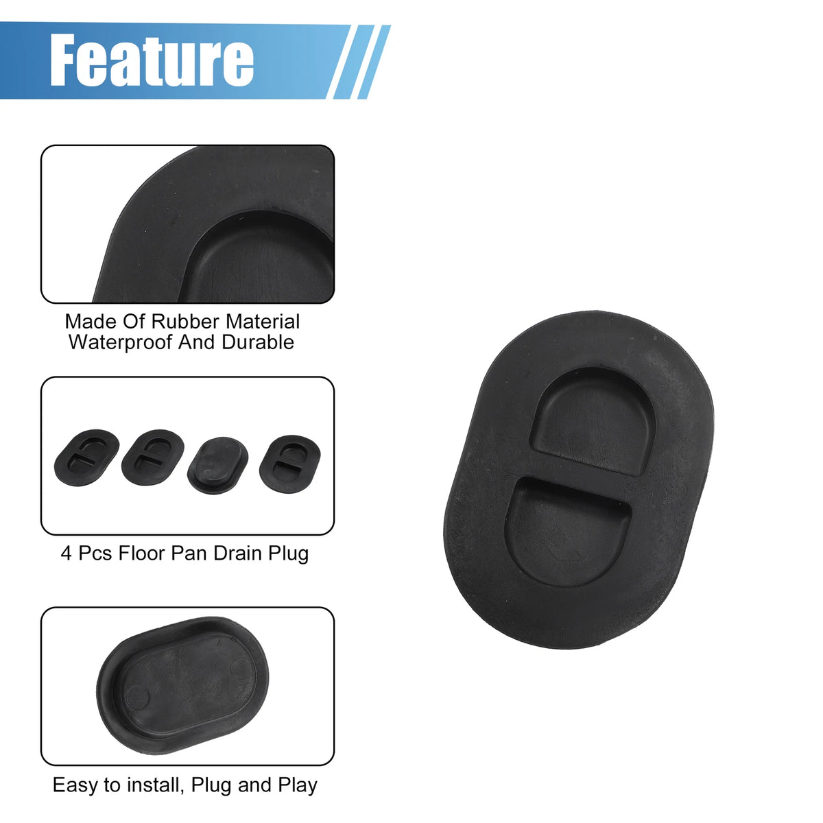 Floor Pan Drain Plugs for Jeep Wrangler JK JL 2014-2023 Rubber Oval 4 x Plugs
