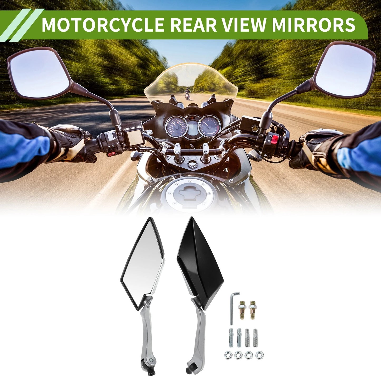 M8/M10 Rear View Mirrors Prismatic Silver Tone Black Plastic for Motorcycle