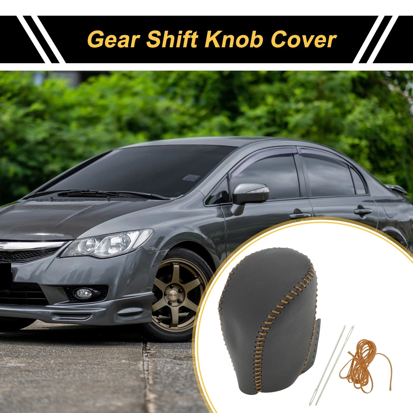 Car Gear Shift Knob Cover for Honda Civic (2016-2021) - Black Brown Faux Leather