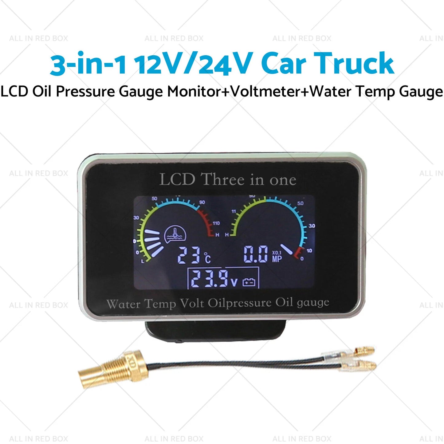 3in1 LCD Oil Pressure, Voltmeter, Water Temp Gauge for Car Truck 12V/24V