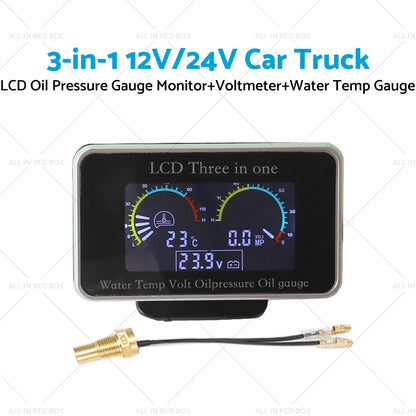 3in1 LCD Oil Pressure, Voltmeter, Water Temp Gauge for Car Truck 12V/24V