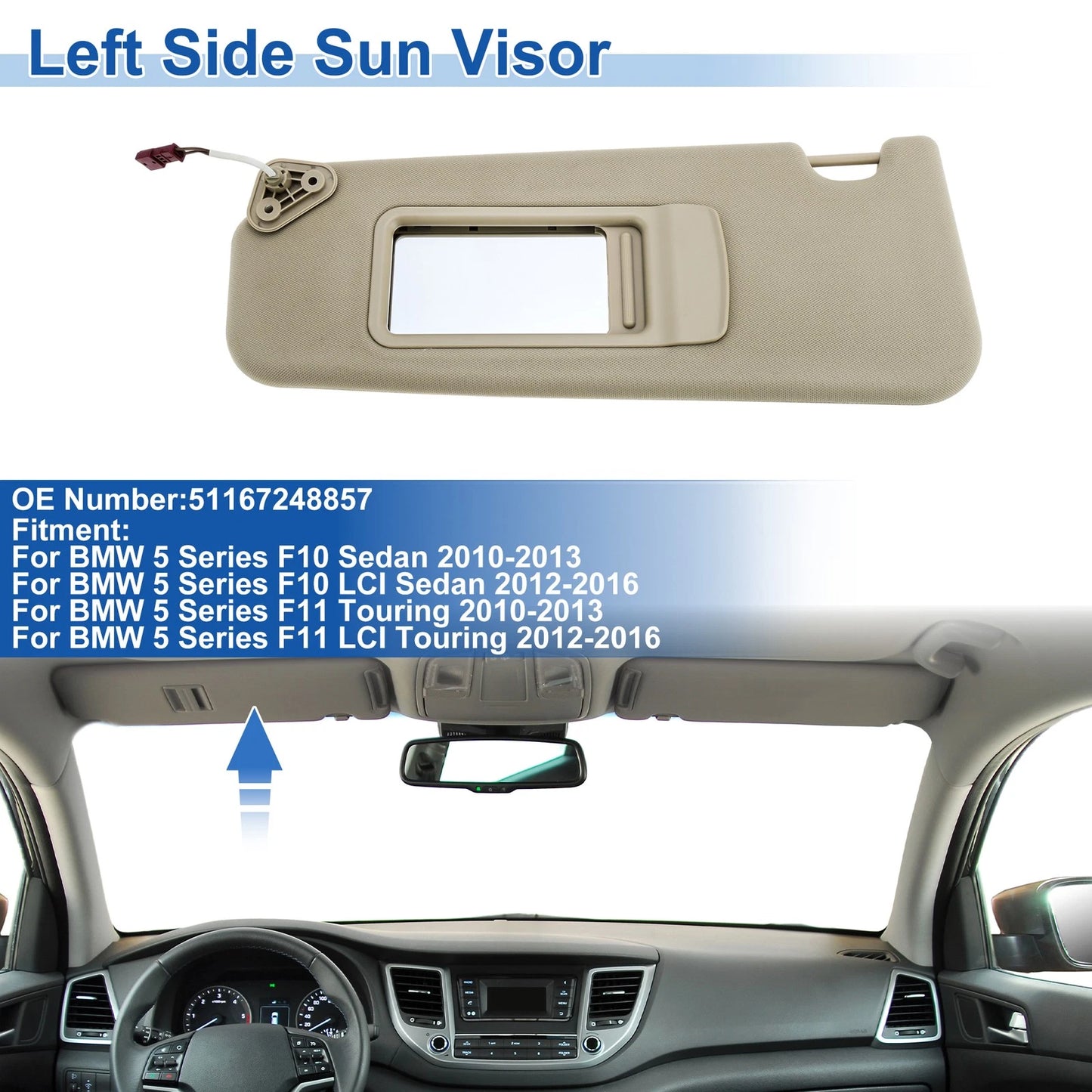 Left Side Sun Visor for BMW 5 Series F10 Sedan (2011-2017) Beige