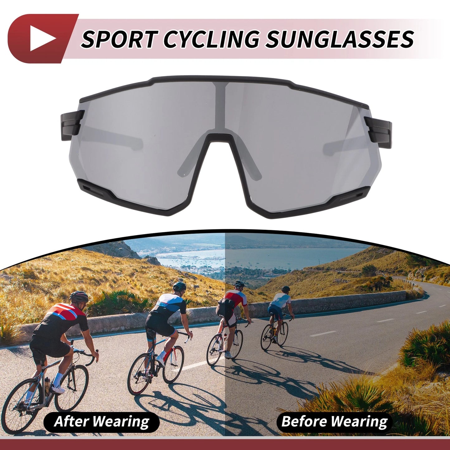 Goggles for Motorcycle Riding - Silver Tone Gray Lens, Black Frame Cycling Sunglasses