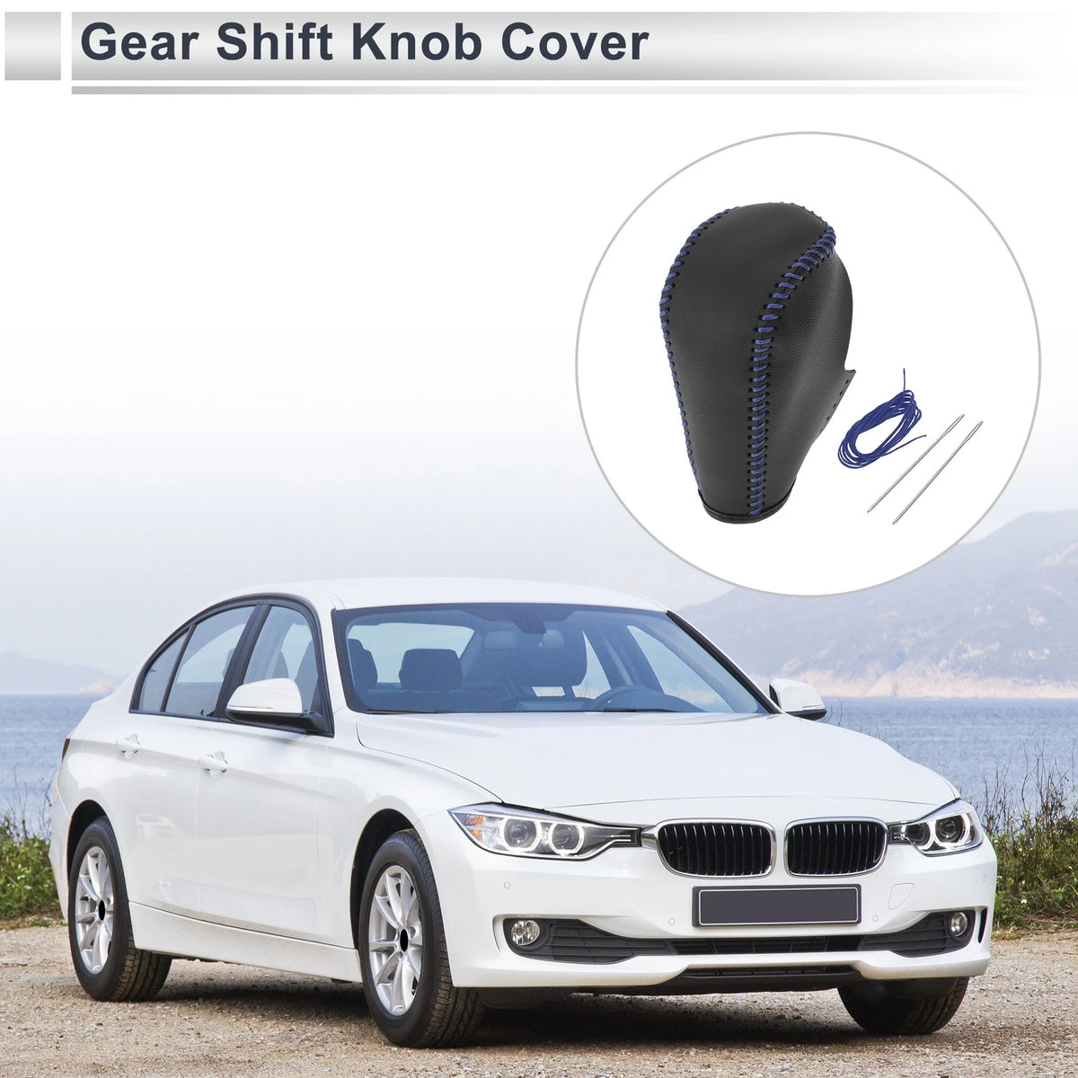Gear Shift Knob Cover for BMW 3 Series Black Blue Faux Leather (2004 - 2012)