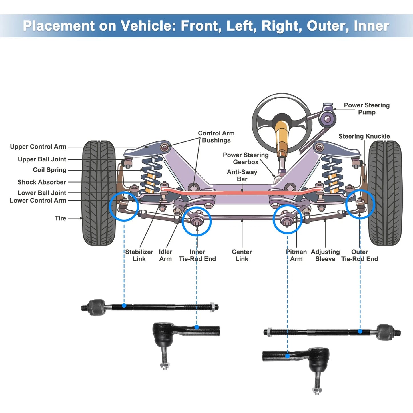 4 Pcs Front Inner & Outer Tie Rod End Link Set for Dodge Caravan