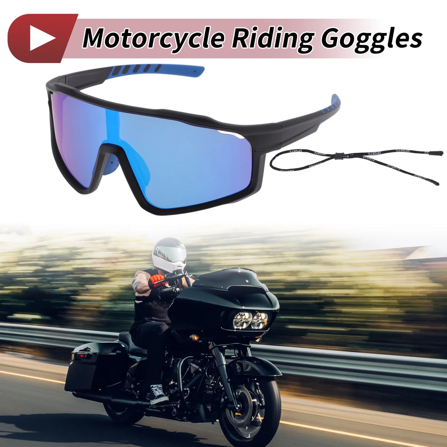 Motorcycle Riding Goggles Blue Lens Black Frame Tri-Acetyl Cellulos UV400