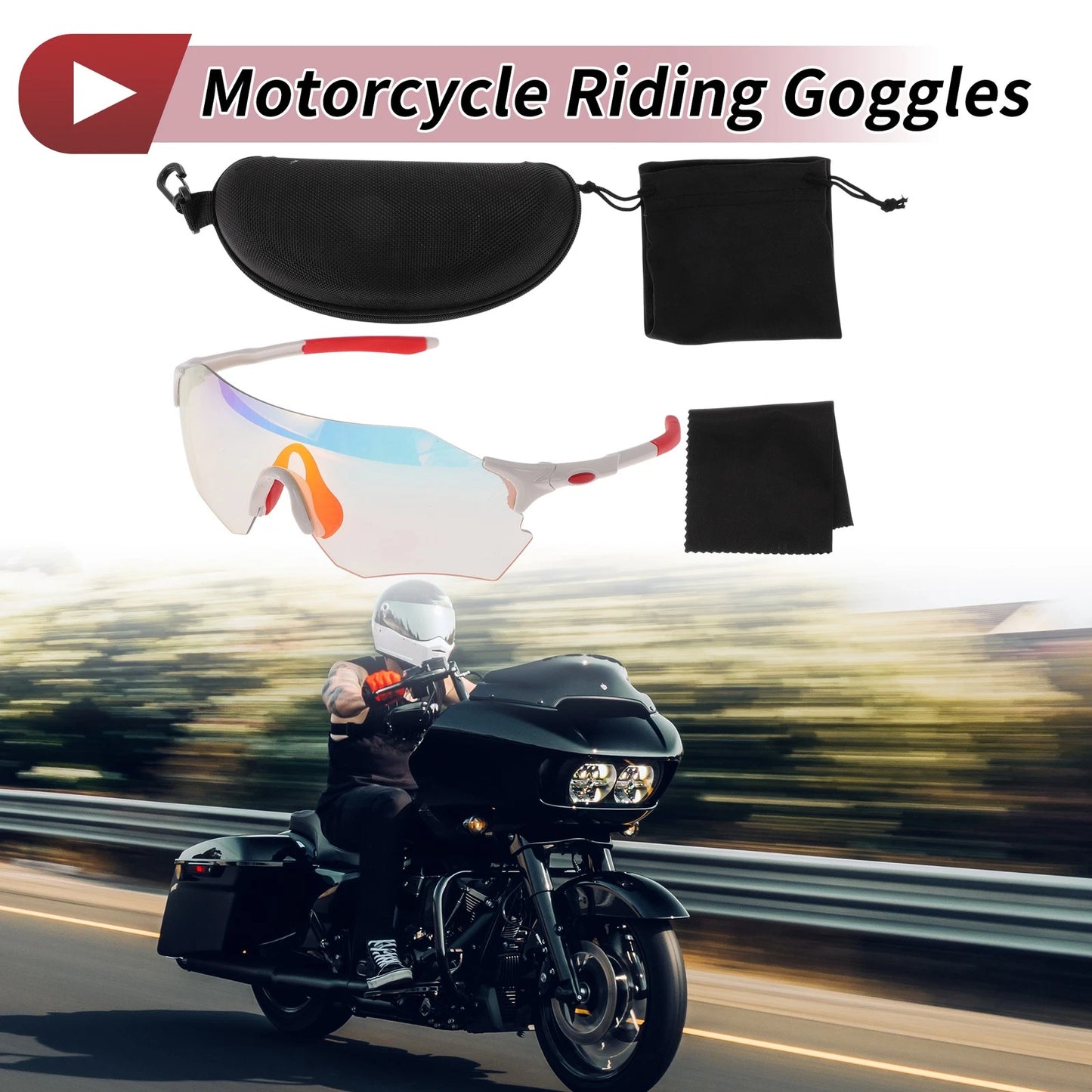 Motorcycle Riding Goggles Light Red Lens White Red Frame PC TPU