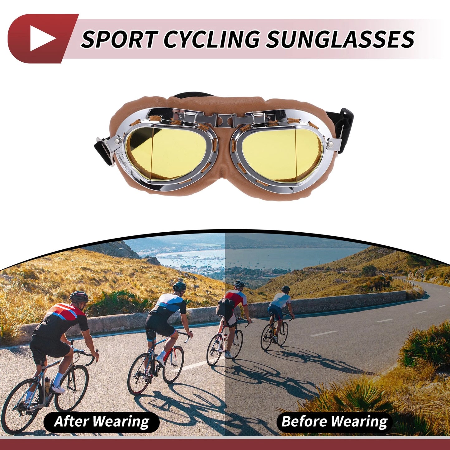 1 Set Motorcycle Riding Goggles Yellow Lens Brown Frame PC Cycling Sunglasses