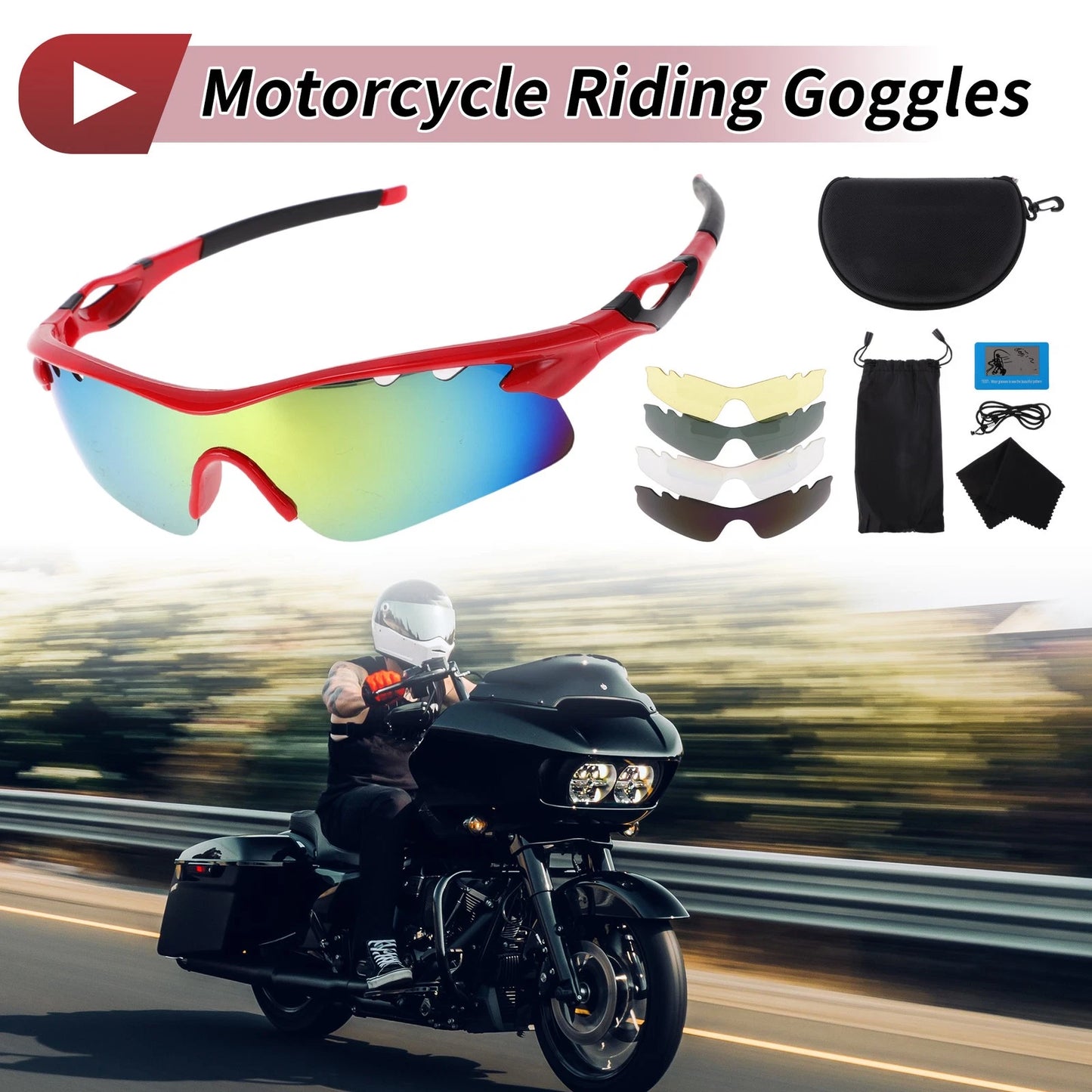 Set Motorcycle Riding Goggles Red Lens Red Frame PC Cycling Sunglasses