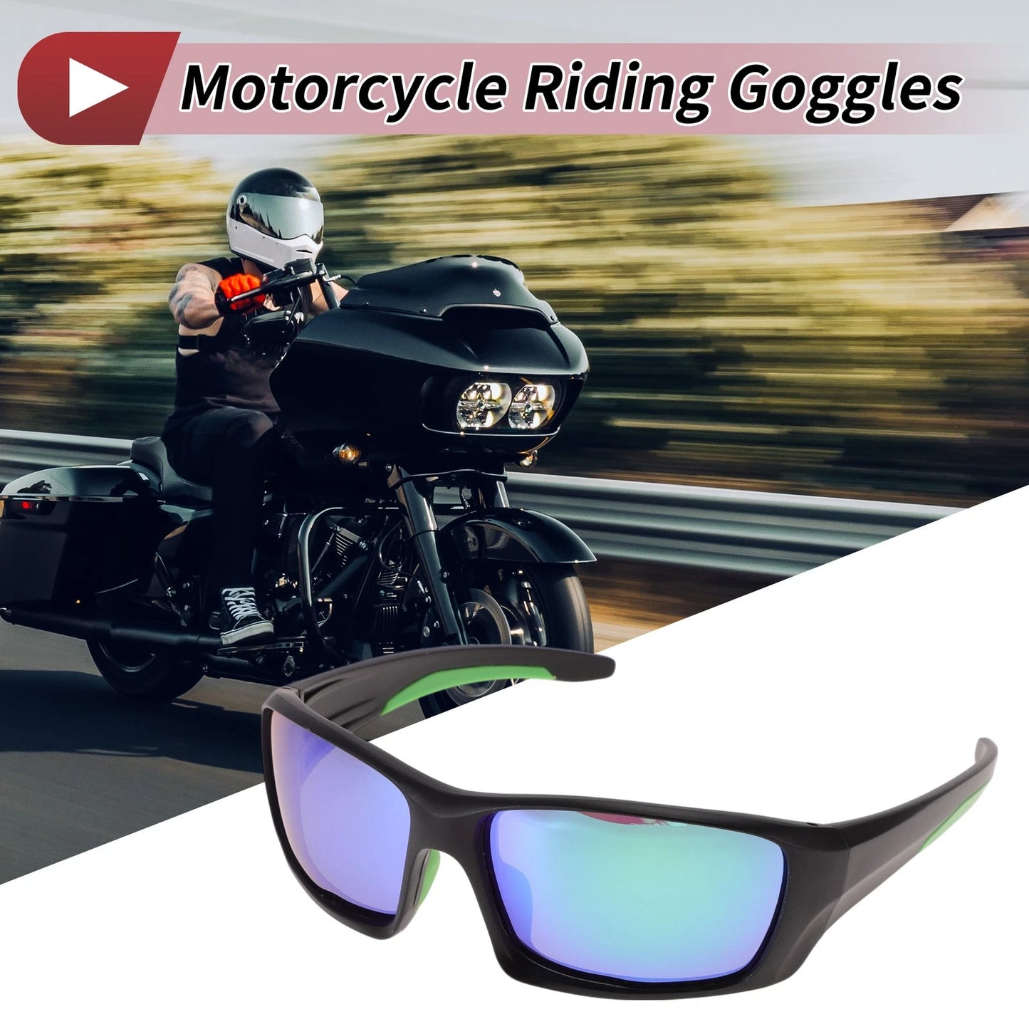 Goggles Motorcycle Riding Green Lens Black Frame Tri-acetel Cellulose