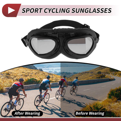 Motorcycle Riding Goggles Silver Tone Lens Black Frame PU Cycling Sunglasses