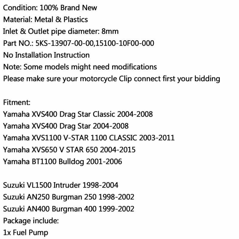 Fuel Pump for Yamaha XVS650 V Star 650 (2004-2015), XVS400, XVS1100