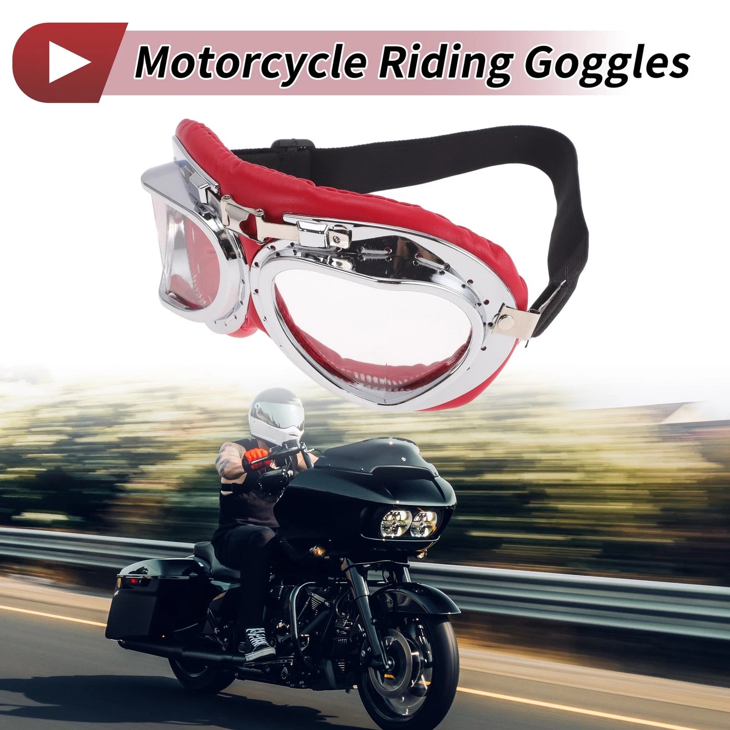 1 Pc Motorcycle Riding Goggles Clear Lens Red Silver Tone Frame PC PU Sponge