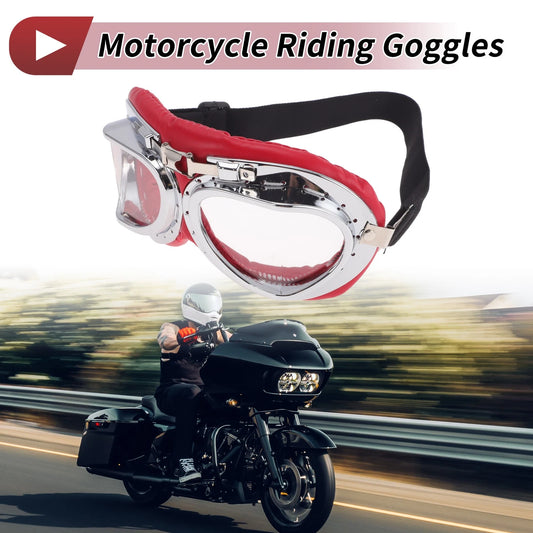 1 Pc Motorcycle Riding Goggles Clear Lens Red Silver Tone Frame PC PU Sponge